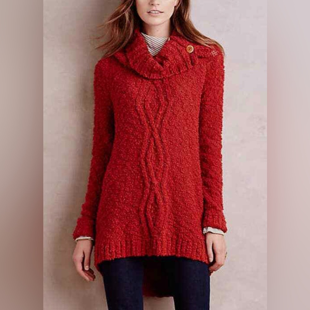 Anthropologie Moth Boucle Knit Sweater Button Cowl Neck Rust Size M Nautical